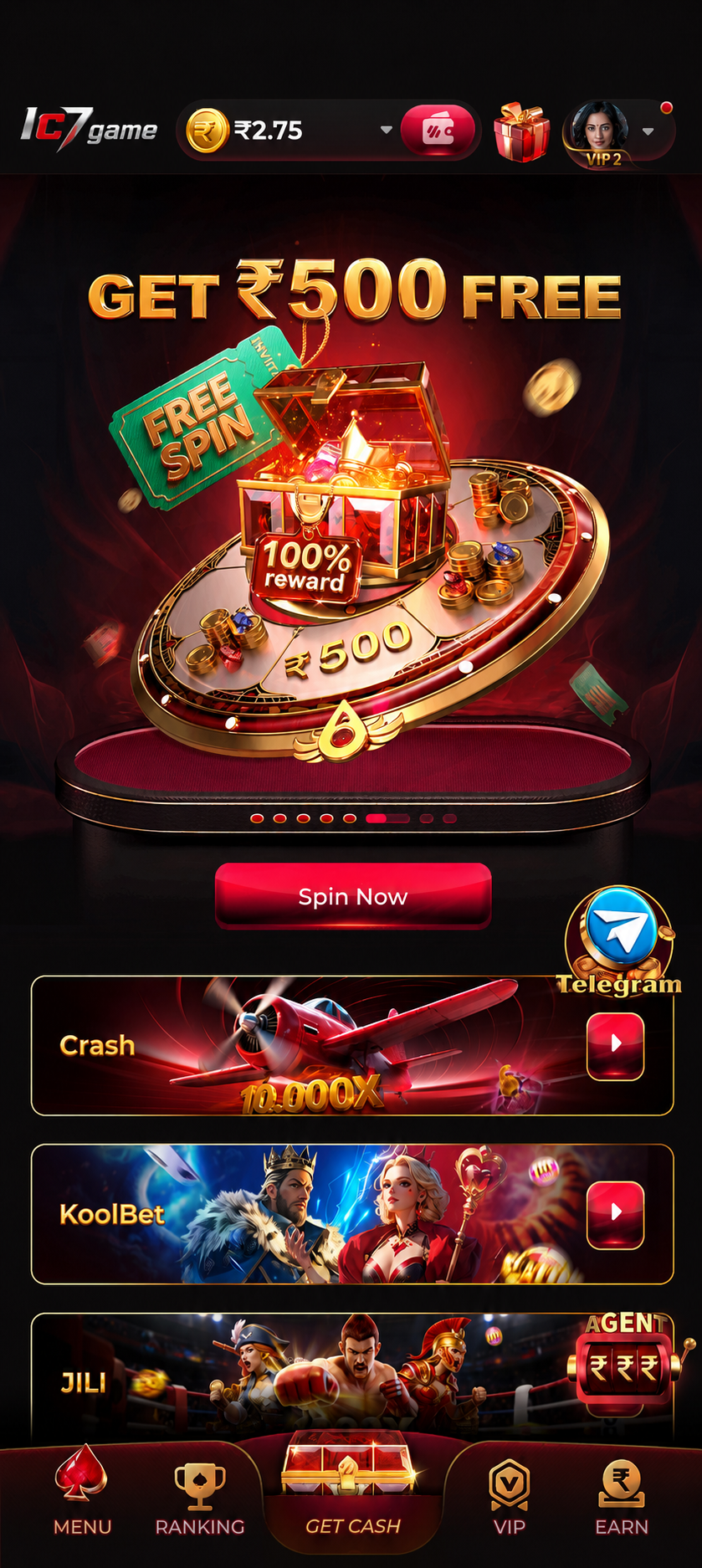The IC7 Game app running on an Android phone, showing the game lobby
